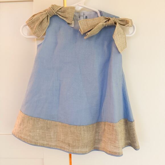 Jack & Teddy 100% Linen Dress‎ 6M Girls Baby Boutique Dress- Bow Sleeves- Blue - Picture 1 of 3